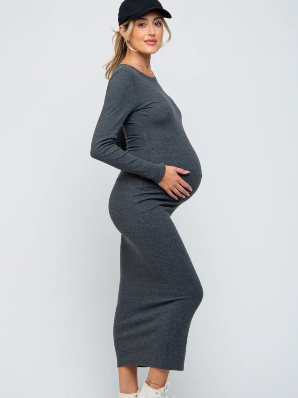 PinkBlush Charcoal Ribbed Fitted Long Sleeve Maternity Midi Dress Large